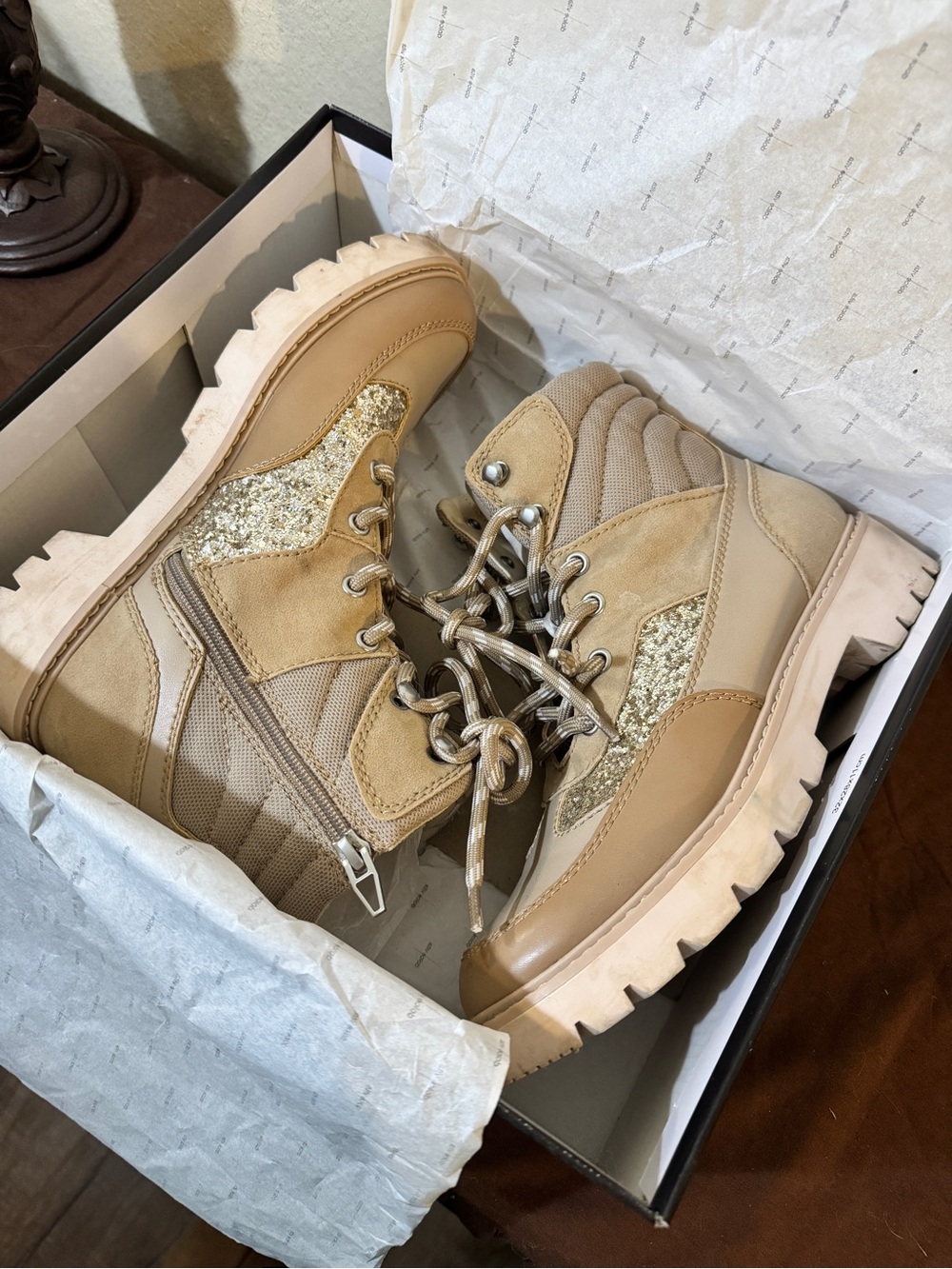 Dolce Vita Tan and Gold Lace-Up Glitter Hiking Boots